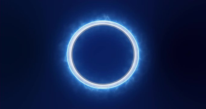 Neon Blue Orbit Metallic Ring with sparkle and smoke trail. Rendered with copy space.