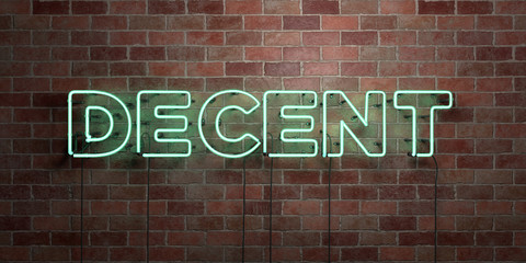 DECENT - fluorescent Neon tube Sign on brickwork - Front view - 3D rendered royalty free stock picture. Can be used for online banner ads and direct mailers..