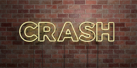 CRASH - fluorescent Neon tube Sign on brickwork - Front view - 3D rendered royalty free stock picture. Can be used for online banner ads and direct mailers..