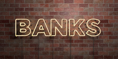 BANKS - fluorescent Neon tube Sign on brickwork - Front view - 3D rendered royalty free stock picture. Can be used for online banner ads and direct mailers..