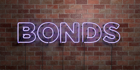 BONDS - fluorescent Neon tube Sign on brickwork - Front view - 3D rendered royalty free stock picture. Can be used for online banner ads and direct mailers..