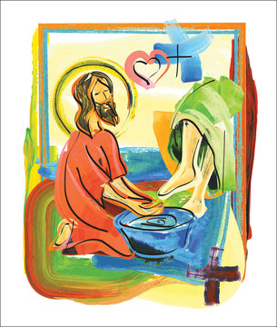 Washing of feet - Jesus Christ washing the feet of the apostles. Abstract artistic modern religious christian illustration