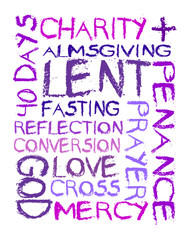 Lent word cloud, grunge style in purple tones