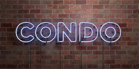 Fototapeta na wymiar CONDO - fluorescent Neon tube Sign on brickwork - Front view - 3D rendered royalty free stock picture. Can be used for online banner ads and direct mailers..
