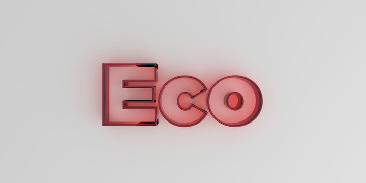Eco - Red glass text on white background - 3D rendered royalty free stock image.