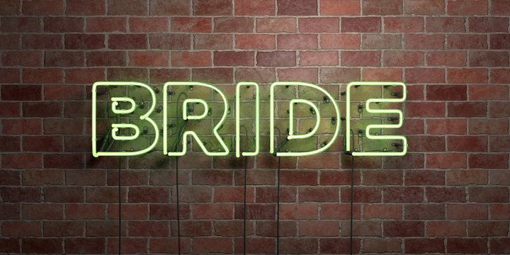 BRIDE - fluorescent Neon tube Sign on brickwork - Front view - 3D rendered royalty free stock picture. Can be used for online banner ads and direct mailers..