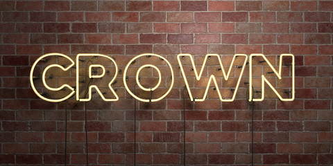 CROWN - fluorescent Neon tube Sign on brickwork - Front view - 3D rendered royalty free stock picture. Can be used for online banner ads and direct mailers..