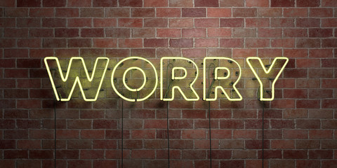 WORRY - fluorescent Neon tube Sign on brickwork - Front view - 3D rendered royalty free stock picture. Can be used for online banner ads and direct mailers..