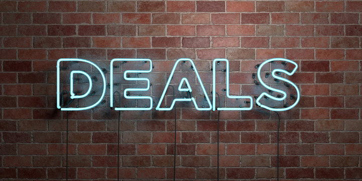 DEALS - fluorescent Neon tube Sign on brickwork - Front view - 3D rendered royalty free stock picture. Can be used for online banner ads and direct mailers..