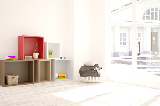 White room with shelf. Scandinavian interior design