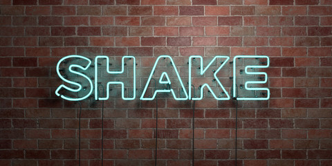 SHAKE - fluorescent Neon tube Sign on brickwork - Front view - 3D rendered royalty free stock picture. Can be used for online banner ads and direct mailers..