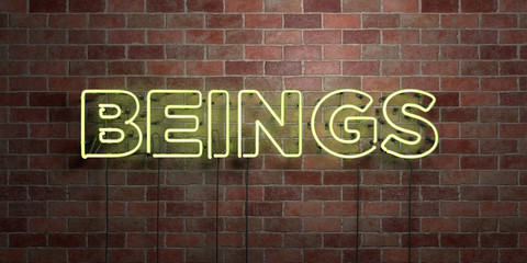 BEINGS - fluorescent Neon tube Sign on brickwork - Front view - 3D rendered royalty free stock picture. Can be used for online banner ads and direct mailers..