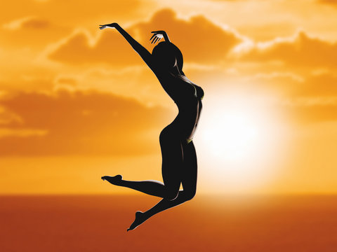 Silhouette donna che salta al tramonto felice 