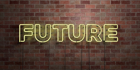 FUTURE - fluorescent Neon tube Sign on brickwork - Front view - 3D rendered royalty free stock picture. Can be used for online banner ads and direct mailers..