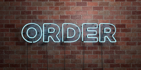 Obraz premium ORDER - fluorescent Neon tube Sign on brickwork - Front view - 3D rendered royalty free stock picture. Can be used for online banner ads and direct mailers..