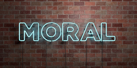 MORAL - fluorescent Neon tube Sign on brickwork - Front view - 3D rendered royalty free stock picture. Can be used for online banner ads and direct mailers..