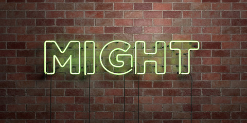 MIGHT - fluorescent Neon tube Sign on brickwork - Front view - 3D rendered royalty free stock picture. Can be used for online banner ads and direct mailers..