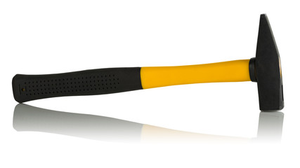 steel hammer with yellow fiberglass handle with black rubber