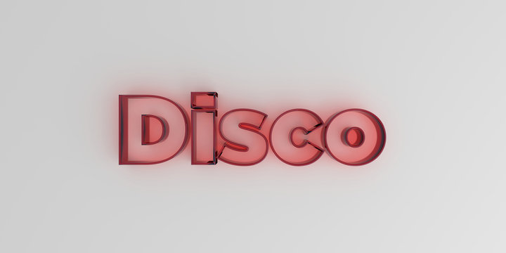 Disco - Red glass text on white background - 3D rendered royalty free stock image.