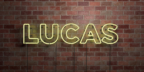 Fototapeta premium LUCAS - fluorescent Neon tube Sign on brickwork - Front view - 3D rendered royalty free stock picture. Can be used for online banner ads and direct mailers..