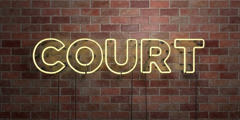 COURT - fluorescent Neon tube Sign on brickwork - Front view - 3D rendered royalty free stock picture. Can be used for online banner ads and direct mailers..