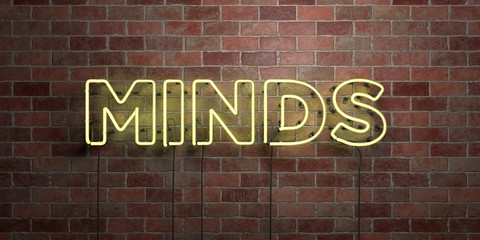 MINDS - fluorescent Neon tube Sign on brickwork - Front view - 3D rendered royalty free stock picture. Can be used for online banner ads and direct mailers..