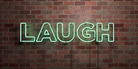 Obraz premium LAUGH - fluorescent Neon tube Sign on brickwork - Front view - 3D rendered royalty free stock picture. Can be used for online banner ads and direct mailers..