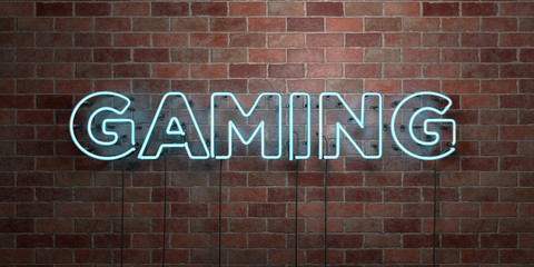 GAMING - fluorescent Neon tube Sign on brickwork - Front view - 3D rendered royalty free stock picture. Can be used for online banner ads and direct mailers..