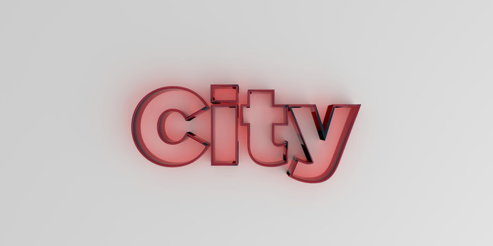 City - Red glass text on white background - 3D rendered royalty free stock image.