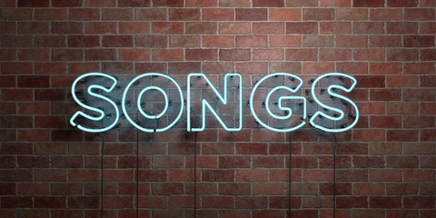 SONGS - fluorescent Neon tube Sign on brickwork - Front view - 3D rendered royalty free stock picture. Can be used for online banner ads and direct mailers..