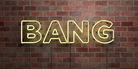 BANG - fluorescent Neon tube Sign on brickwork - Front view - 3D rendered royalty free stock picture. Can be used for online banner ads and direct mailers..