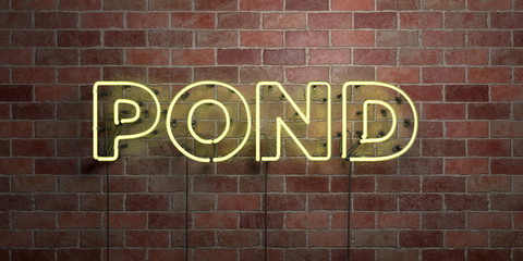 POND - fluorescent Neon tube Sign on brickwork - Front view - 3D rendered royalty free stock picture. Can be used for online banner ads and direct mailers..