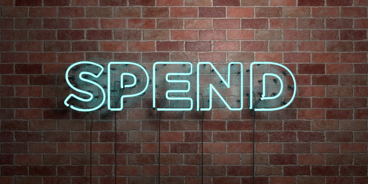 SPEND - fluorescent Neon tube Sign on brickwork - Front view - 3D rendered royalty free stock picture. Can be used for online banner ads and direct mailers..