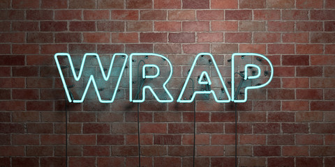 WRAP - fluorescent Neon tube Sign on brickwork - Front view - 3D rendered royalty free stock picture. Can be used for online banner ads and direct mailers..