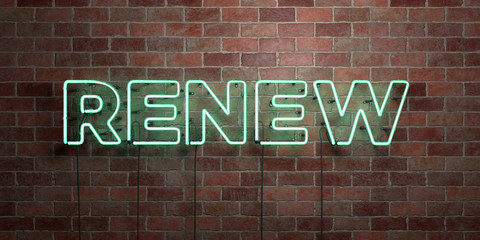 Obraz premium RENEW - fluorescent Neon tube Sign on brickwork - Front view - 3D rendered royalty free stock picture. Can be used for online banner ads and direct mailers..