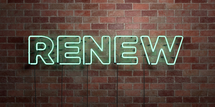 RENEW - fluorescent Neon tube Sign on brickwork - Front view - 3D rendered royalty free stock picture. Can be used for online banner ads and direct mailers..