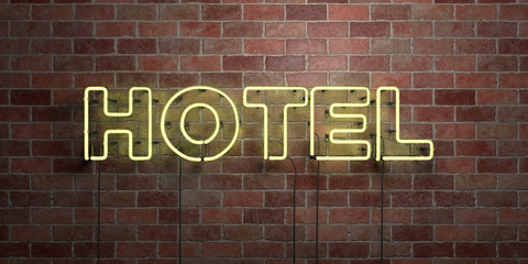 HOTEL - fluorescent Neon tube Sign on brickwork - Front view - 3D rendered royalty free stock picture. Can be used for online banner ads and direct mailers..