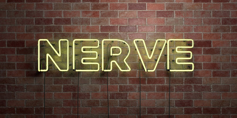 NERVE - fluorescent Neon tube Sign on brickwork - Front view - 3D rendered royalty free stock picture. Can be used for online banner ads and direct mailers..
