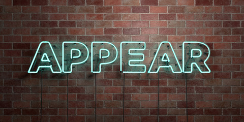 APPEAR - fluorescent Neon tube Sign on brickwork - Front view - 3D rendered royalty free stock picture. Can be used for online banner ads and direct mailers..