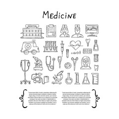 Cover with hand drawn symbols of hospital, pharmacy. Set on the theme of medicine, medical equipment, health