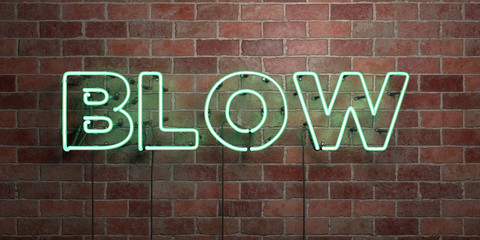 BLOW - fluorescent Neon tube Sign on brickwork - Front view - 3D rendered royalty free stock picture. Can be used for online banner ads and direct mailers..