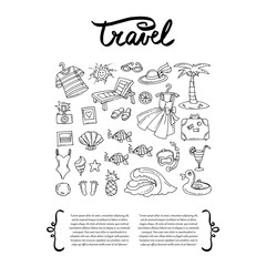 Cover with hand drawn symbols of travel. Set on the theme of sea, summer and recreation