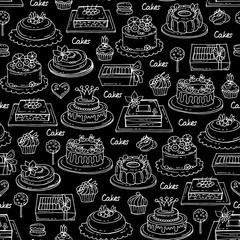 Vector seamless pattern with hand drawn cakes on black color. Pattern on the theme of sweets,  confectionery