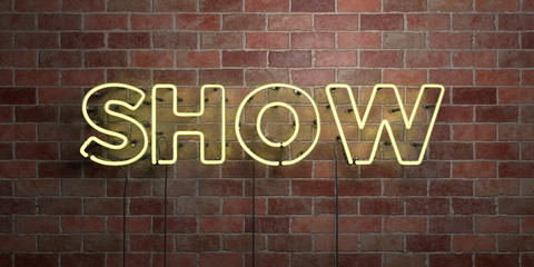 SHOW - fluorescent Neon tube Sign on brickwork - Front view - 3D rendered royalty free stock picture. Can be used for online banner ads and direct mailers..