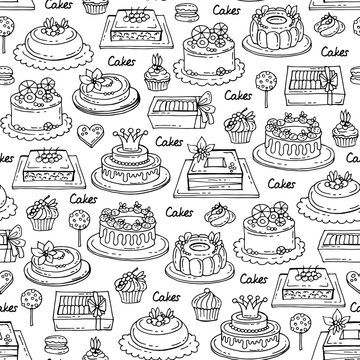 Vector seamless pattern with hand drawn cakes on white color. Pattern on the theme of sweets,  confectionery