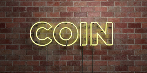 COIN - fluorescent Neon tube Sign on brickwork - Front view - 3D rendered royalty free stock picture. Can be used for online banner ads and direct mailers..