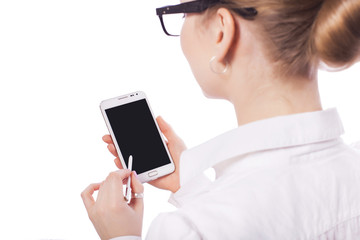 Blonde business woman manager worker in glassess smiles and use tablet phone . isolated on white