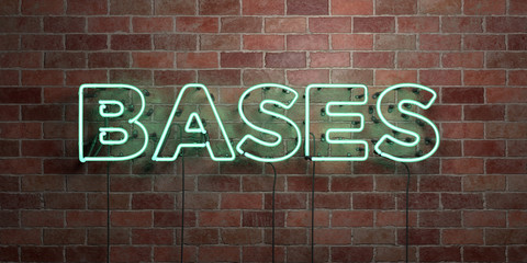 BASES - fluorescent Neon tube Sign on brickwork - Front view - 3D rendered royalty free stock picture. Can be used for online banner ads and direct mailers..
