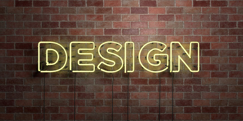 DESIGN - fluorescent Neon tube Sign on brickwork - Front view - 3D rendered royalty free stock picture. Can be used for online banner ads and direct mailers..