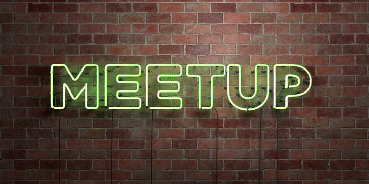 MEETUP - fluorescent Neon tube Sign on brickwork - Front view - 3D rendered royalty free stock picture. Can be used for online banner ads and direct mailers..